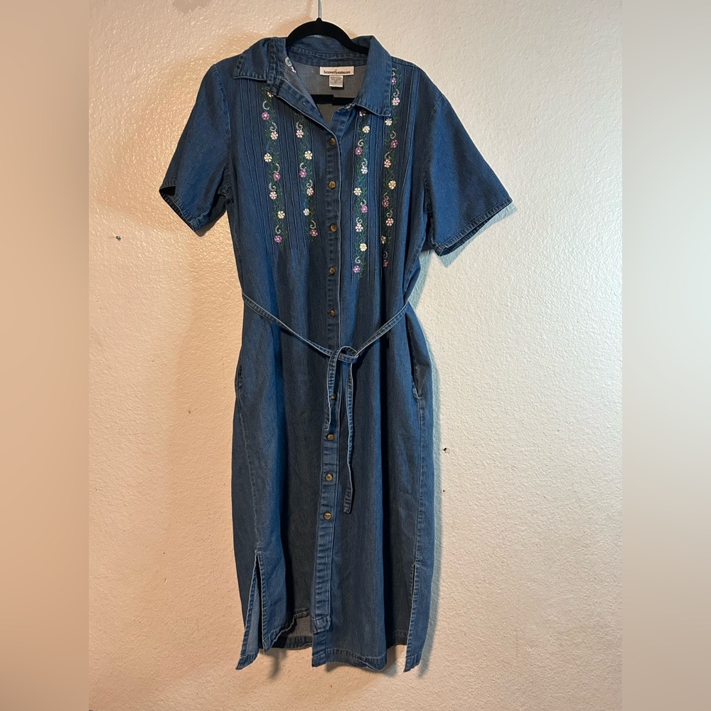 Vtg 90s Embroidered Blue Buttoned‎ Denim Tie Front Midi Dress XL Cottage Modest